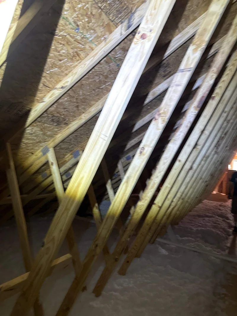Roof decking and trusses photographed from inside the attic
